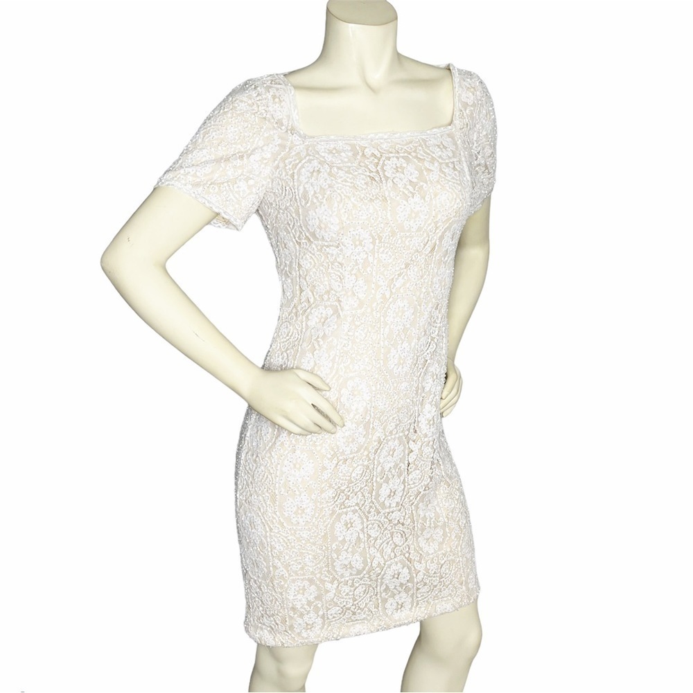 VTG OLEG CASSINI Beaded Sequin BLACK TIE DRESS WHITE SIZE 10